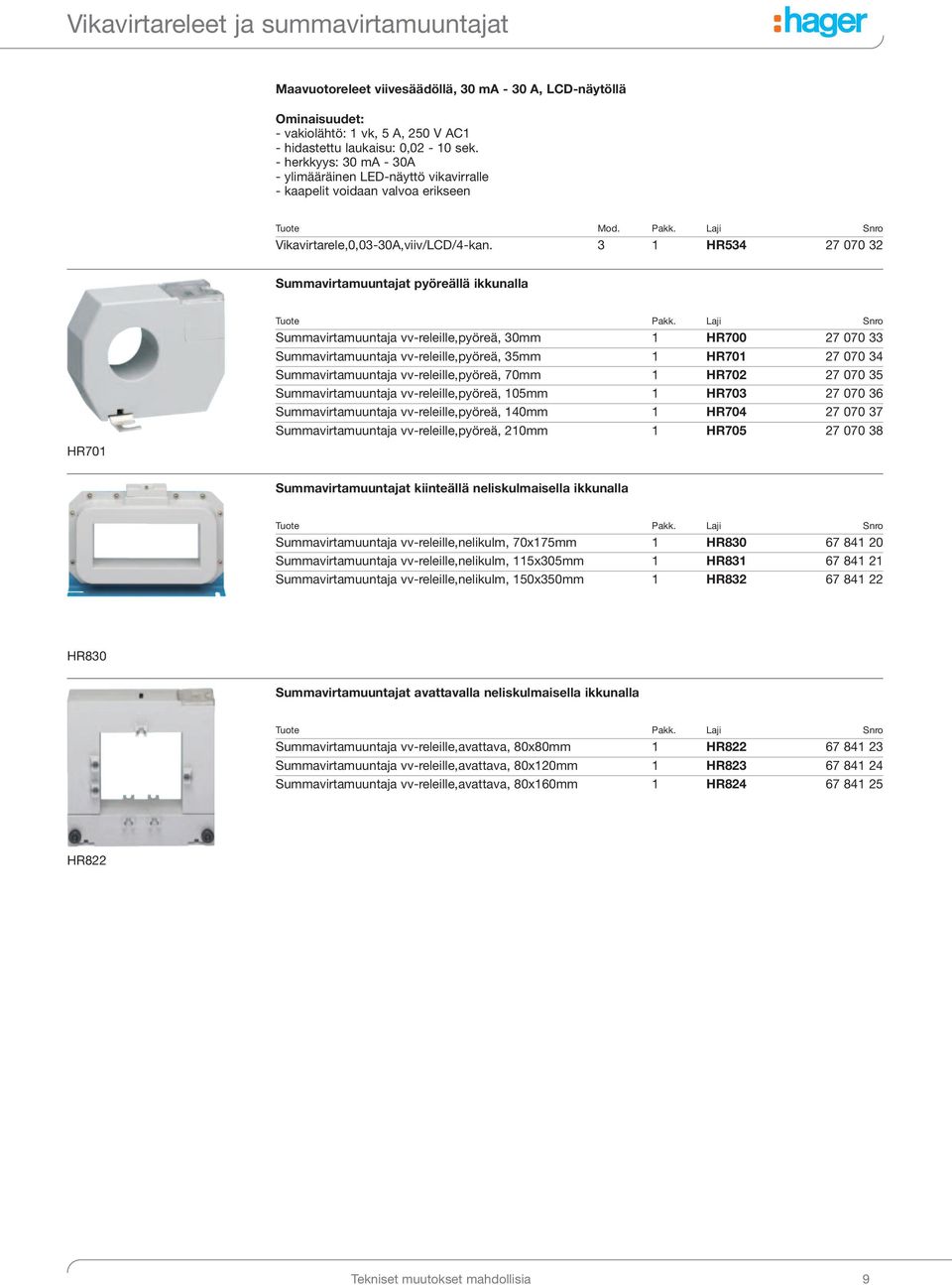 3 1 HR534 27 070 32 Summavirtamuuntajat pyöreällä ikkunalla HR701 Tuote Pakk.