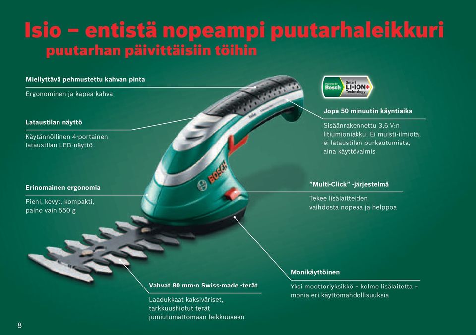 Ei muisti-ilmiötä, ei lataustilan purkautumista, aina käyttövalmis Erinomainen ergonomia Pieni, kevyt, kompakti, paino vain 550 g Multi-Click -järjestelmä Tekee