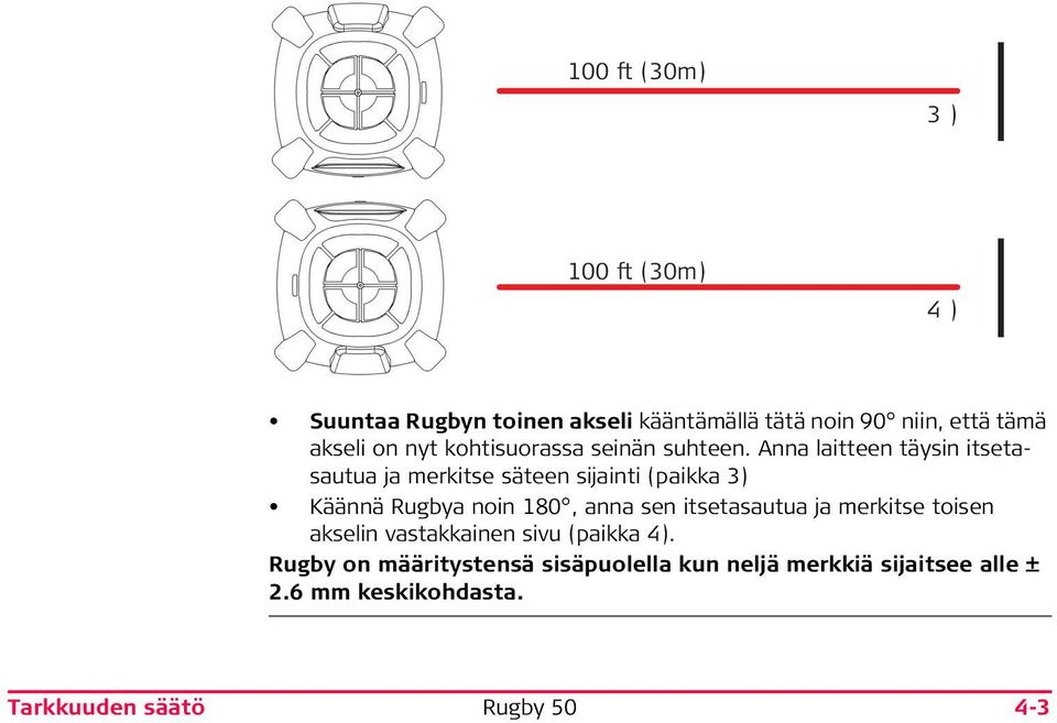 Anna laitteen täysin itsetasautua ja merkitse säteen sijainti (paikka 3) Käännä Rugbya noin 180, anna sen