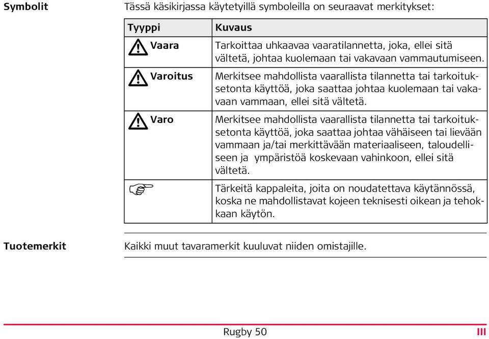 Merkitsee mahdollista vaarallista tilannetta tai tarkoituksetonta käyttöä, joka saattaa johtaa vähäiseen tai lievään vammaan ja/tai merkittävään materiaaliseen, taloudelliseen ja ympäristöä