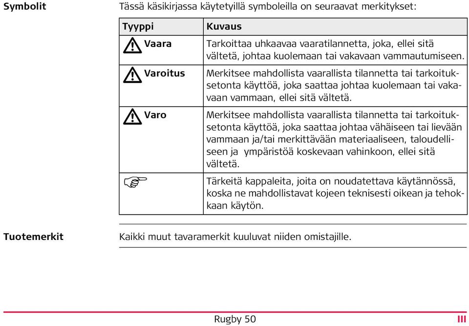 Merkitsee mahdollista vaarallista tilannetta tai tarkoituksetonta käyttöä, joka saattaa johtaa vähäiseen tai lievään vammaan ja/tai merkittävään materiaaliseen, taloudelliseen ja ympäristöä