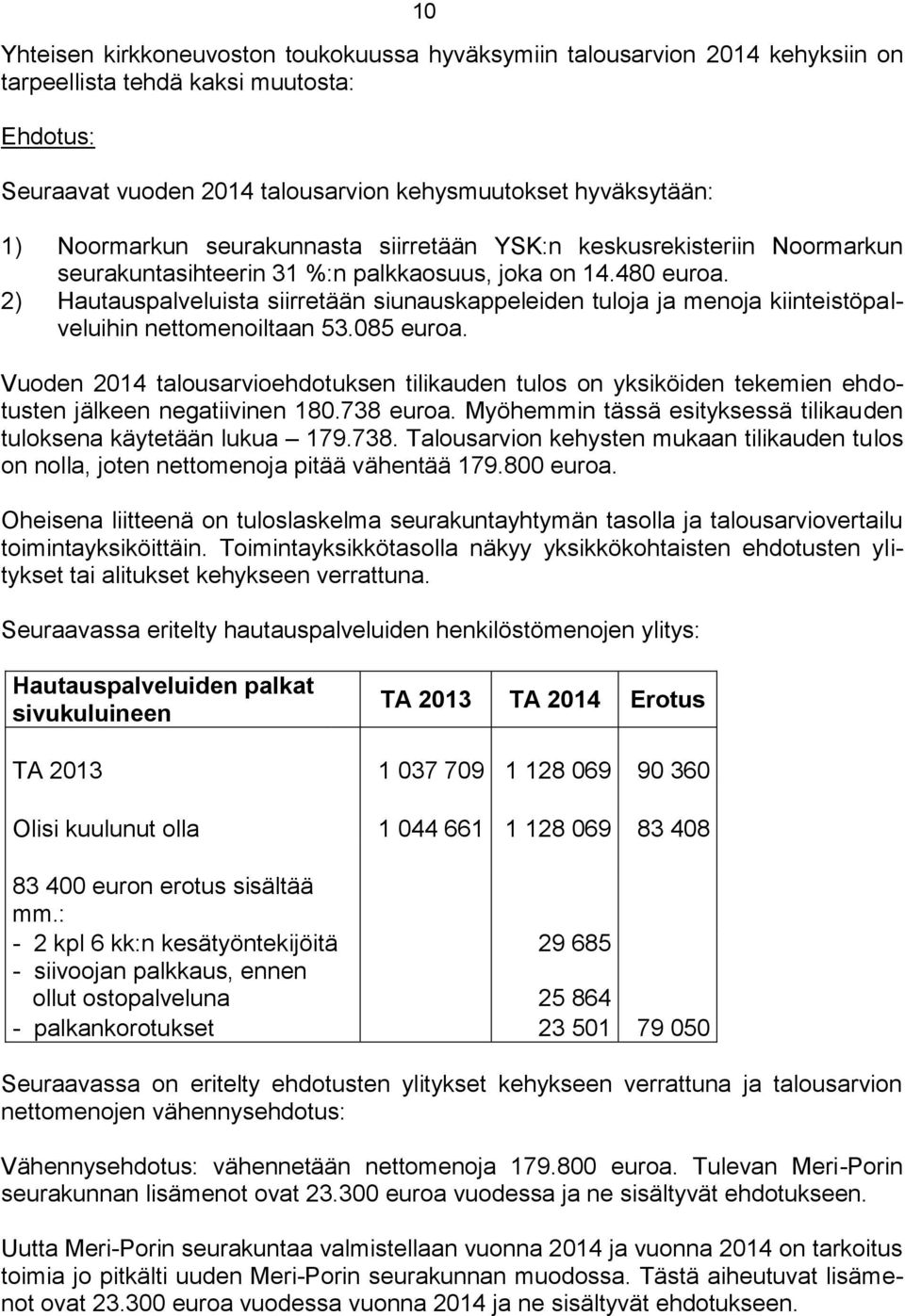2) Hautauspalveluista siirretään siunauskappeleiden tuloja ja menoja kiinteistöpalveluihin nettomenoiltaan 53.085 euroa.