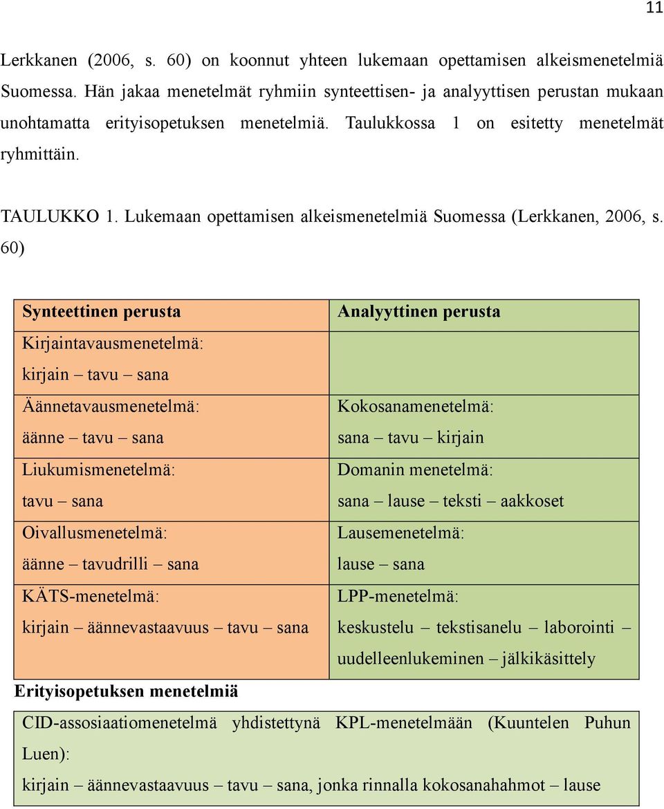 Lukemaan opettamisen alkeismenetelmiä Suomessa (Lerkkanen, 2006, s.