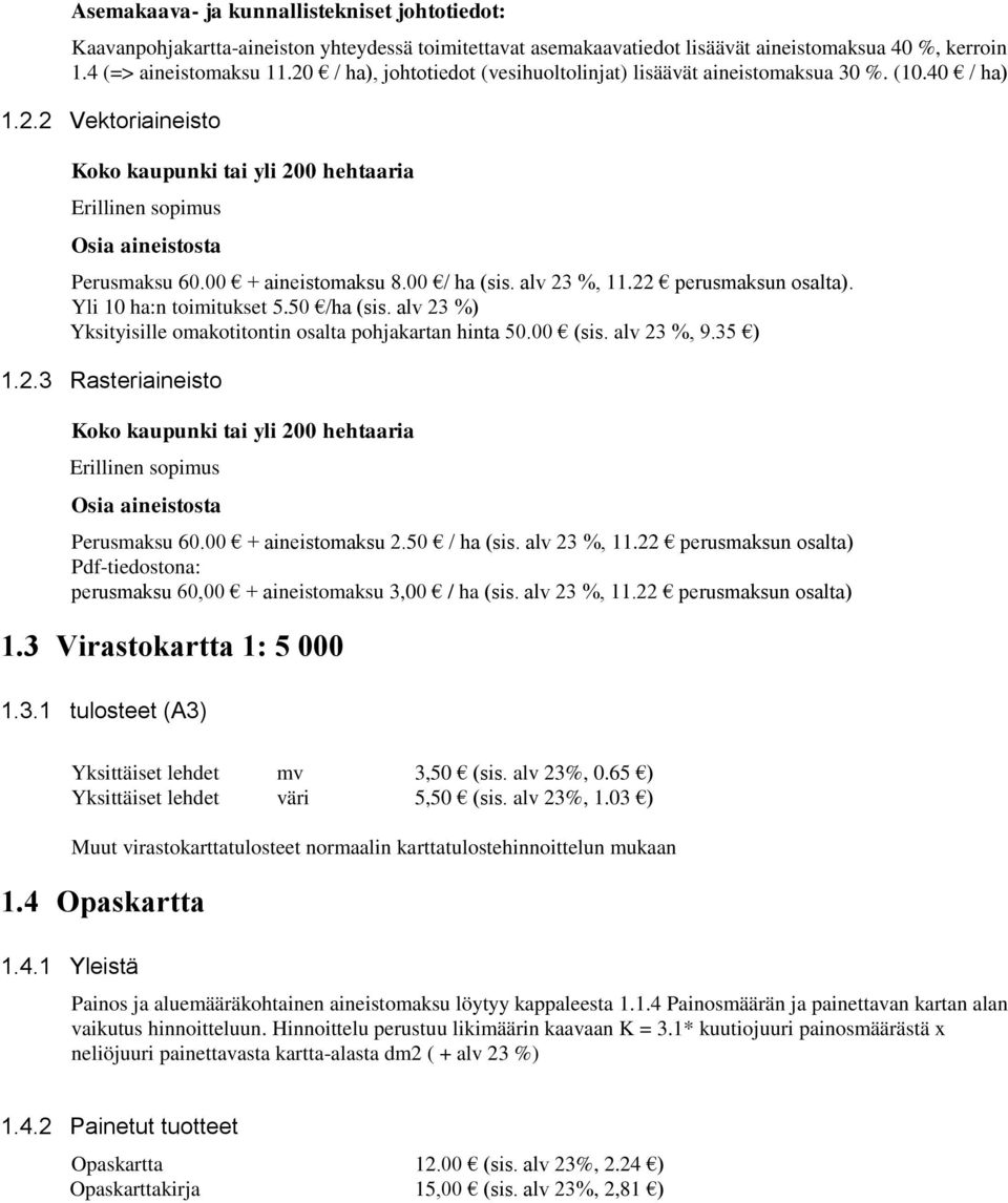 00 + aineistomaksu 8.00 / ha (sis. alv 23 %, 11.22 perusmaksun osalta). Yli 10 ha:n toimitukset 5.50 /ha (sis. alv 23 %) Yksityisille omakotitontin osalta pohjakartan hinta 50.00 (sis. alv 23 %, 9.