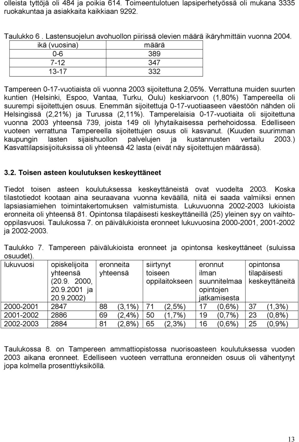 Verrattuna muiden suurten kuntien (Helsinki, Espoo, Vantaa, Turku, Oulu) keskiarvoon (1,8%) Tampereella oli suurempi sijoitettujen osuus.