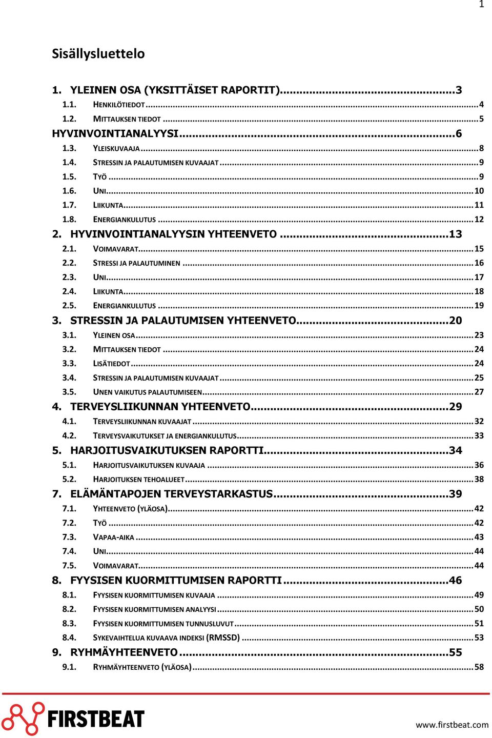 5. ENERGIANKULUTUS...19 3. STRESSIN JA PALAUTUMISEN YHTEENVETO...20 3.1. YLEINEN OSA...23 3.2. MITTAUKSEN TIEDOT...24 3.3. LISÄTIEDOT...24 3.4. STRESSIN JA PALAUTUMISEN KUVAAJAT...25 3.5. UNEN VAIKUTUS PALAUTUMISEEN.