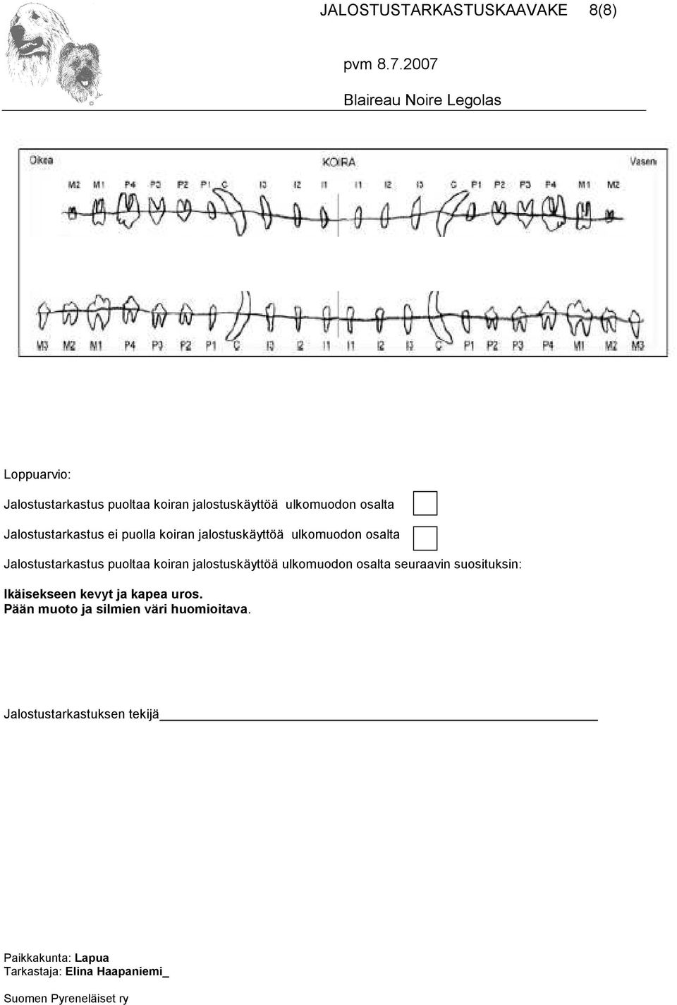 Jalostustarkastus puoltaa koiran jalostuskäyttöä ulkomuodon osalta seuraavin suosituksin: