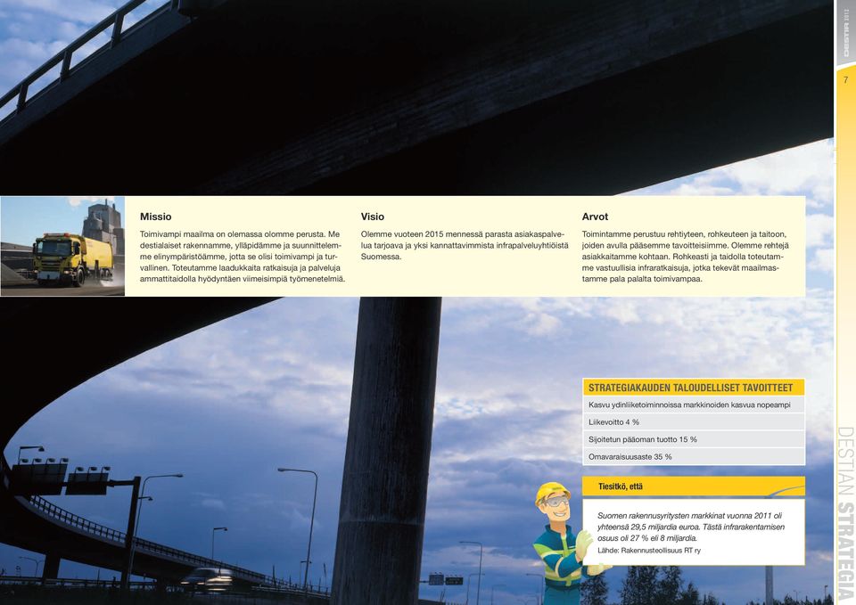 Visio Olemme vuoteen 2015 mennessä parasta asiakaspalvelua tarjoava ja yksi kannattavimmista infrapalveluyhtiöistä Suomessa.