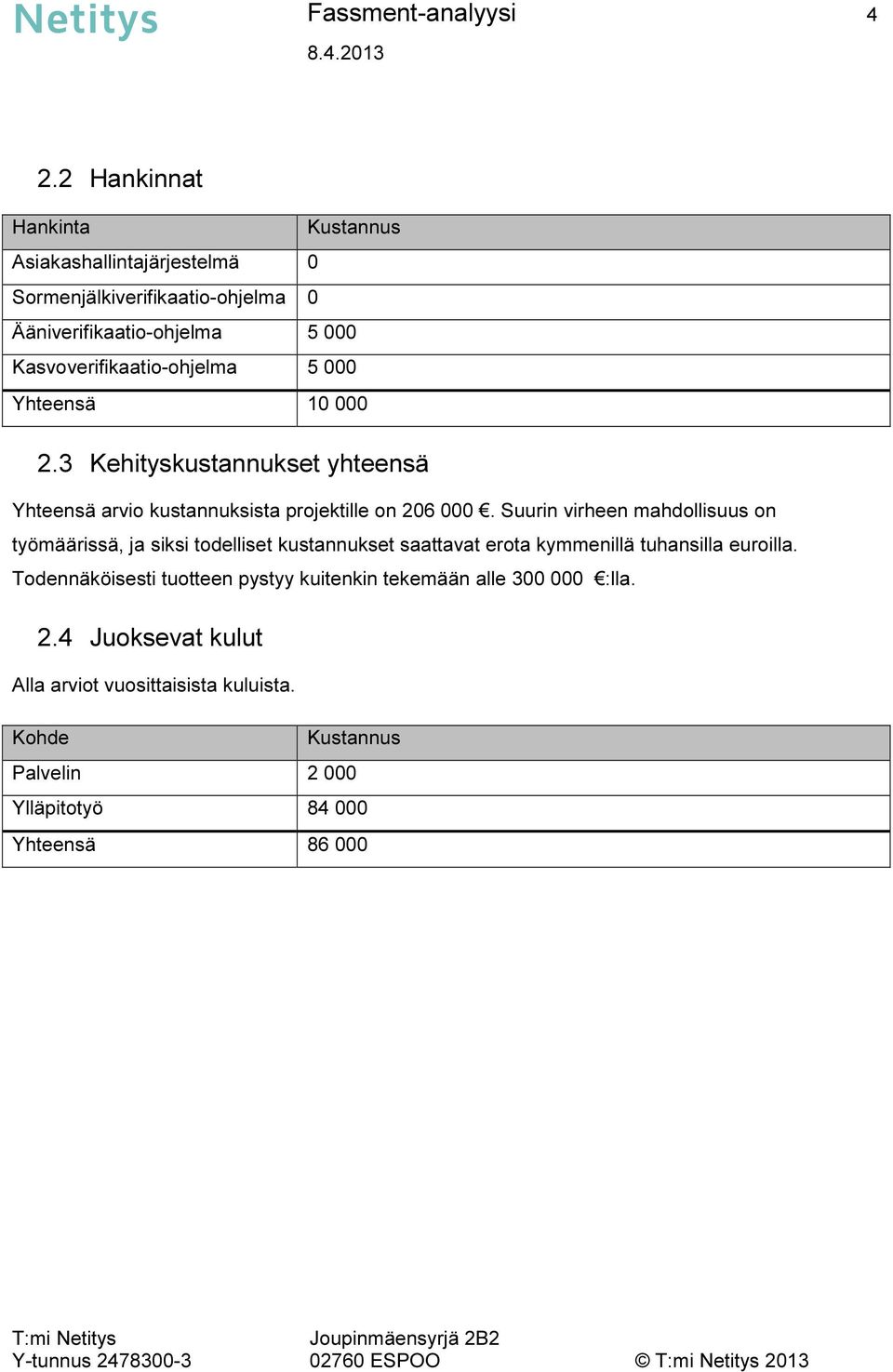 Kasvoverifikaatio-ohjelma 5 000 Yhteensä 10 000 2.3 Kehityskustannukset yhteensä Yhteensä arvio kustannuksista projektille on 206 000.