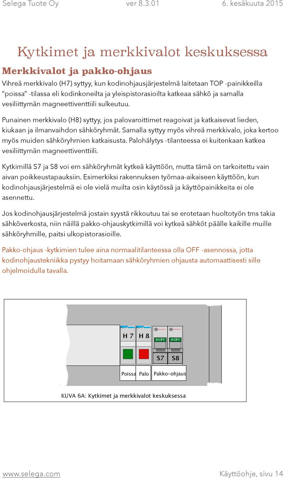 Punainen merkkivalo (H8) syttyy, jos palovaroittimet reagoivat ja katkaisevat lieden, kiukaan ja ilmanvaihdon sähköryhmät.