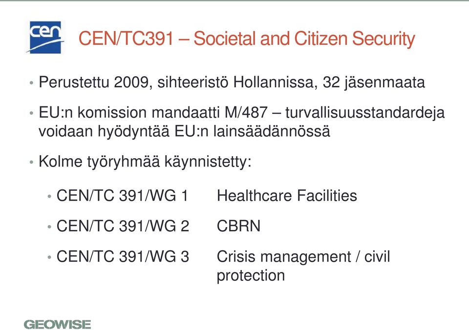 hyödyntää EU:n lainsäädännössä Kolme työryhmää käynnistetty: CEN/TC 391/WG 1 CEN/TC