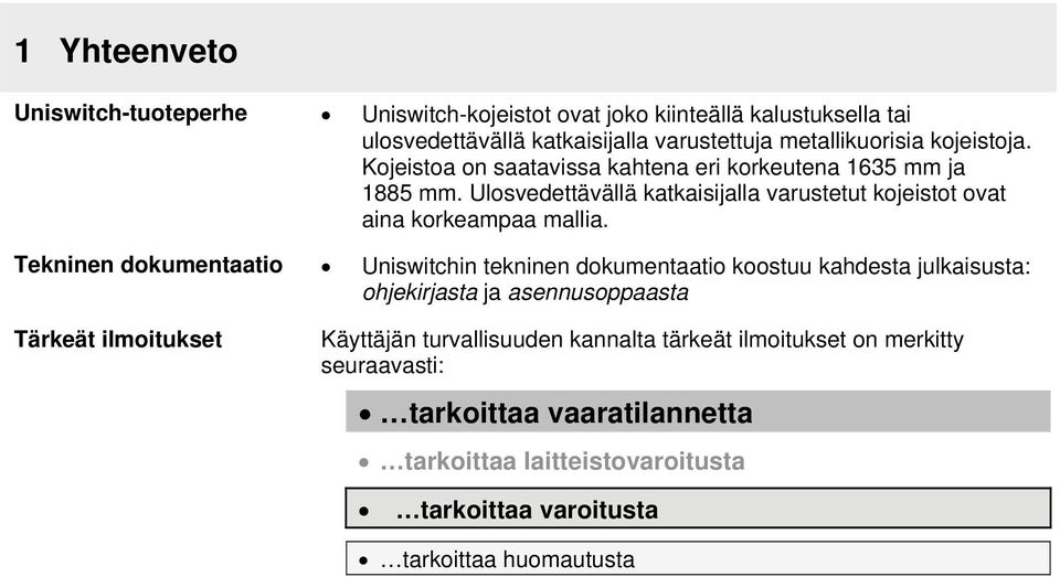 Tekninen dokumentaatio Uniswitchin tekninen dokumentaatio koostuu kahdesta julkaisusta: ohjekirjasta ja asennusoppaasta Tärkeät ilmoitukset Käyttäjän