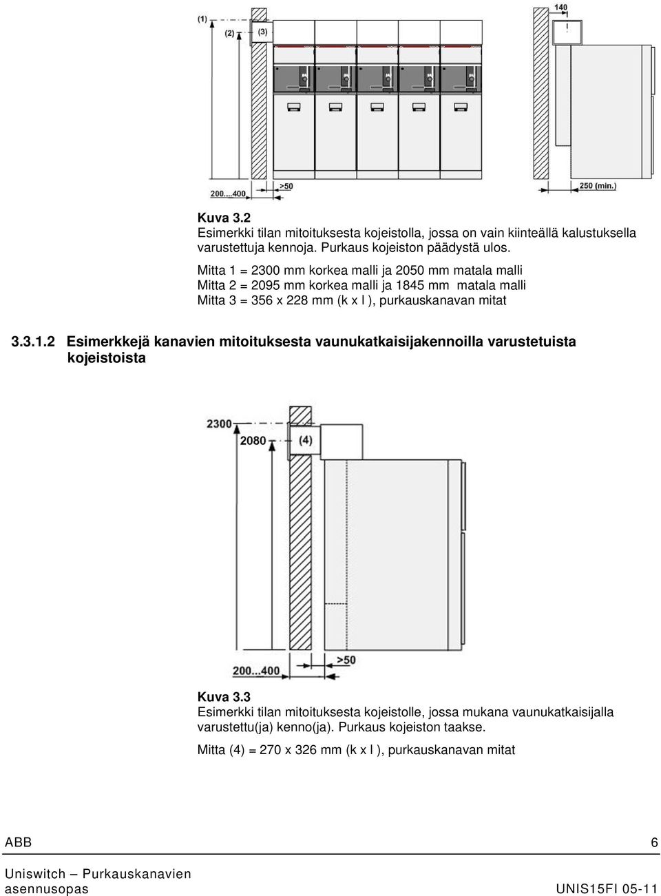 purkauskanavan mitat 3.3.1.2 Esimerkkejä kanavien mitoituksesta vaunukatkaisijakennoilla varustetuista kojeistoista Kuva 3.