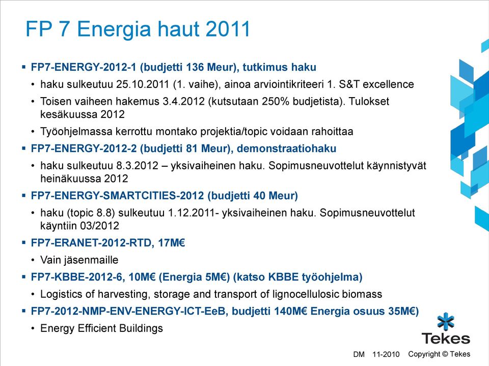 2012 yksivaiheinen haku. Sopimusneuvottelut käynnistyvät heinäkuussa 2012 FP7-ENERGY-SMARTCITIES-2012 (budjetti 40 Meur) haku (topic 8.8) sulkeutuu 1.12.2011- yksivaiheinen haku.