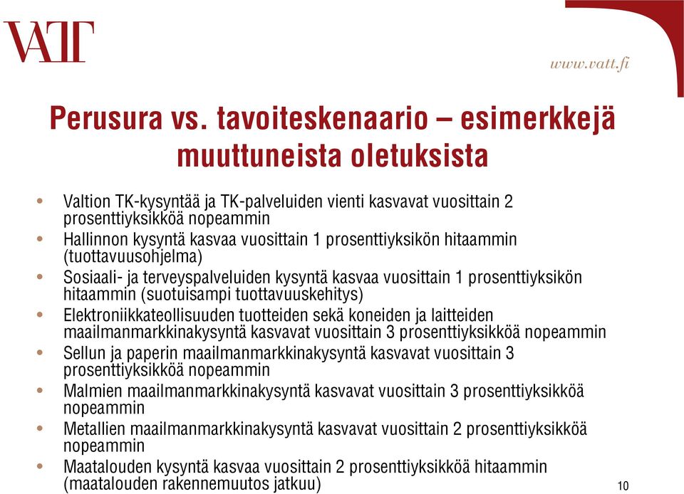 prosenttiyksikön hitaammin (tuottavuusohjelma) Sosiaali- ja terveyspalveluiden kysyntä kasvaa vuosittain 1 prosenttiyksikön hitaammin (suotuisampi tuottavuuskehitys) Elektroniikkateollisuuden