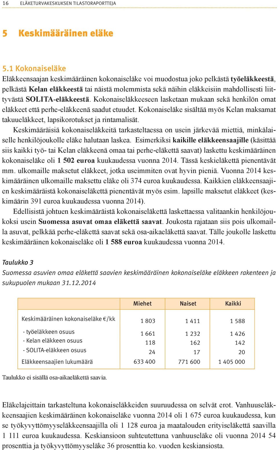 liittyvästä SOLITA-eläkkeestä. Kokonaiseläkkeeseen lasketaan mukaan sekä henkilön omat eläkkeet että perhe-eläkkeenä saadut etuudet.