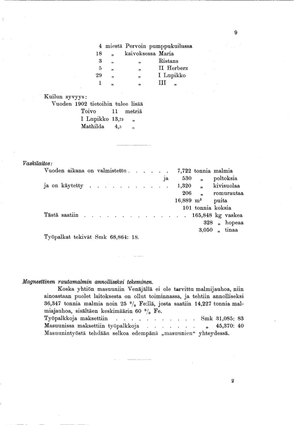 .. 165,848 kg vaskea 328 hopeaa 3,050 tinaa Työpalkat tekivät Smk 68,864: 18. Magneettinen rautam alm in annolliseksi tekeminen.