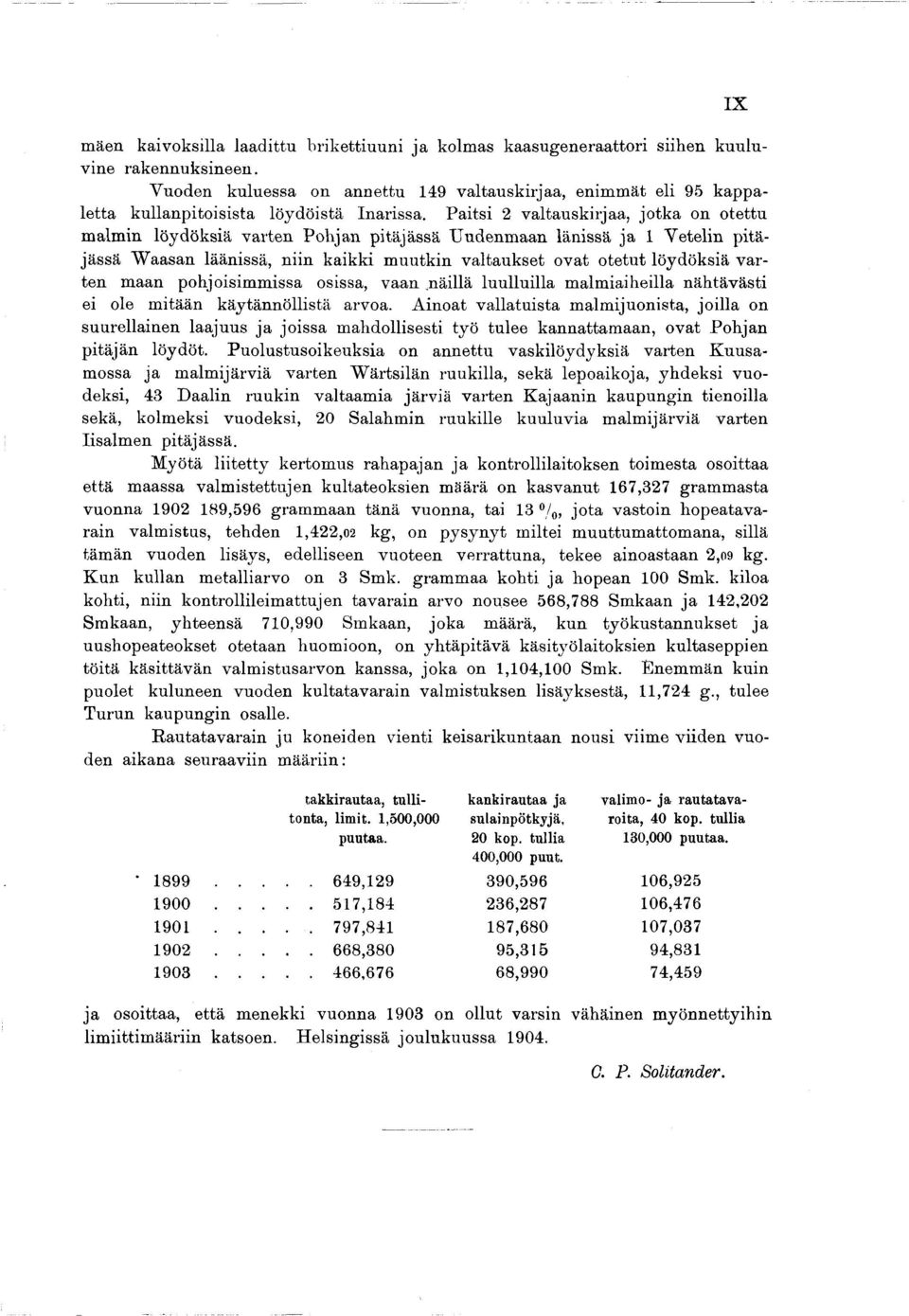 Paitsi 2 valtauskirjaa, jotka on otettu malmin löydöksiä varten Pohjan pitäjässä Uudenmaan länissä ja 1 Vetelin pitäjässä Waasan läänissä, niin kaikki muutkin valtaukset ovat otetut löydöksiä varten