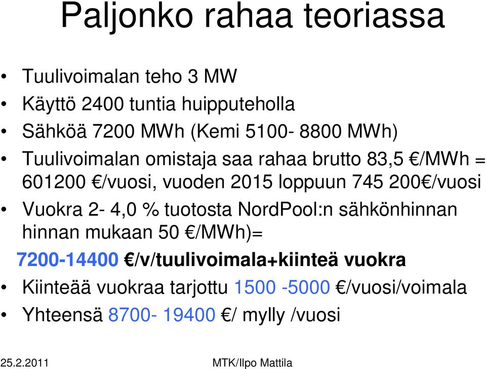 745 200 /vuosi Vuokra 2-4,0 % tuotosta NordPool:n sähkönhinnan hinnan mukaan 50 /MWh)= 7200-14400