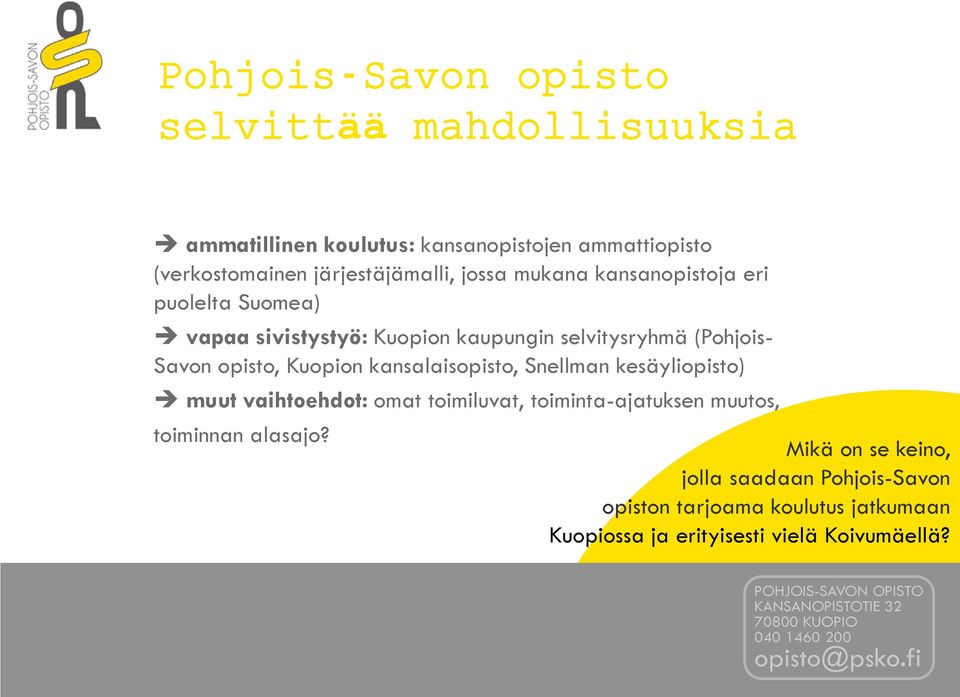 Savon opisto, Kuopion kansalaisopisto, Snellman kesäyliopisto) muut vaihtoehdot: omat toimiluvat, toiminta-ajatuksen muutos,