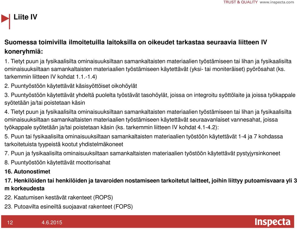 tai moniteräiset) pyörösahat (ks. tarkemmin liitteen IV kohdat 1.1.-1.4) 2. Puuntyöstöön käytettävät käsisyöttöiset oikohöylät 3.