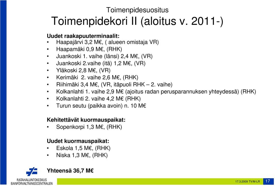 vaihe (itä) 1,2 M, (VR) Yläkoski 2,8 M, (VR) Kerimäki 2. vaihe 2,6 M, (RHK) Riihimäki 3,4 M, (VR, itäpuoli RHK 2. vaihe) Kolkanlahti 1.