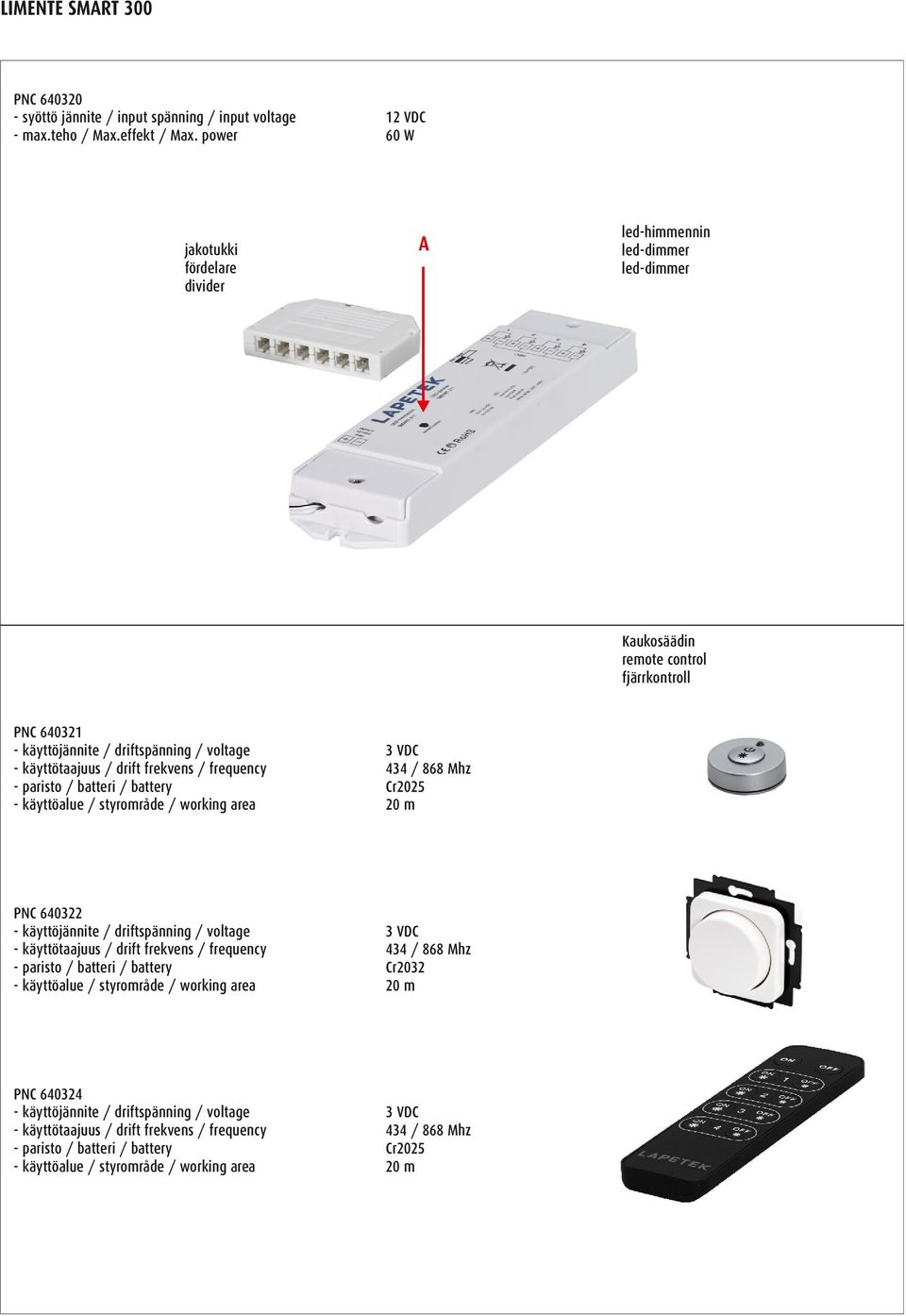 drift frekvens / frequency - paristo / batteri / battery - käyttöalue / styrområde / working area 3 VDC 434 / 868 Mhz Cr2025 20 m PNC 640322 - käyttöjännite / driftspänning / voltage - käyttötaajuus