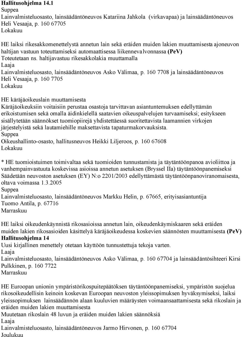 ns. haltijavastuu rikesakkolakia muuttamalla Laaja Lainvalmisteluosasto, lainsäädäntöneuvos Asko Välimaa, p. 160 7708 ja lainsäädäntöneuvos Heli Vesaaja, p.