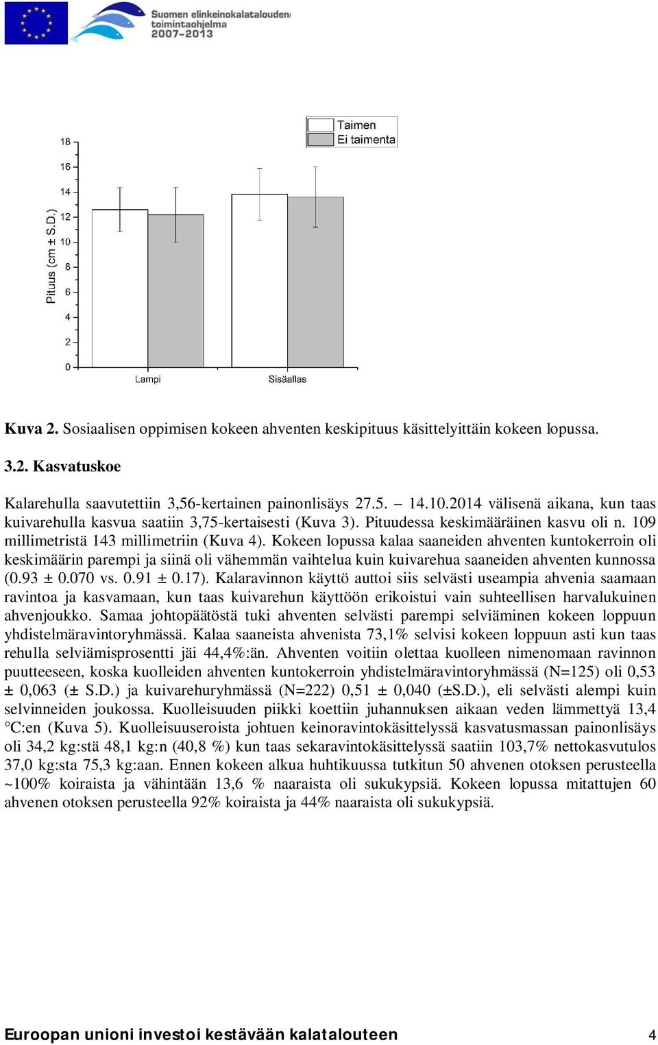 Kokeen lopussa kalaa saaneiden ahventen kuntokerroin oli keskimäärin parempi ja siinä oli vähemmän vaihtelua kuin kuivarehua saaneiden ahventen kunnossa (0.93 ± 0.070 vs. 0.91 ± 0.17).