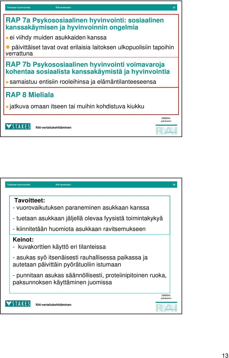 RAP 8 Mieliala jatkuva omaan itseen tai muihin kohdistuva kiukku Tiedosta hyvinvointia RAI-seminaari 6 Tavoitteet: - vuorovaikutuksen paraneminen asukkaan kanssa - tuetaan asukkaan jäljellä olevaa