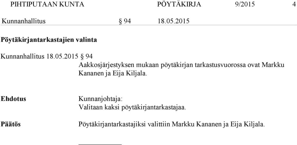2015 94 Aakkosjärjestyksen mukaan pöytäkirjan tarkastusvuorossa ovat Markku Kananen ja