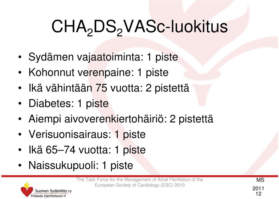 Verisuonisairaus: 1 piste Ikä 65 74 vuotta: 1 piste Naissukupuoli: 1 piste The Task Force