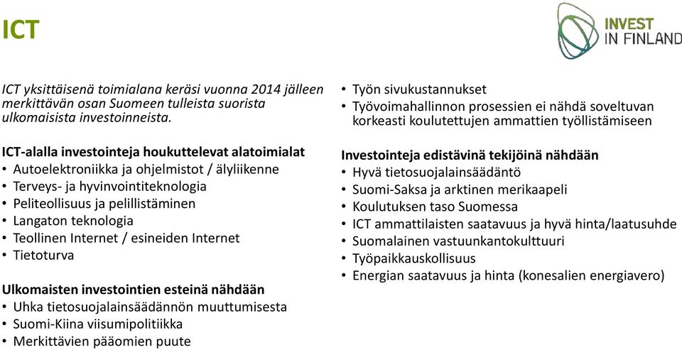 Internet / esineiden Internet Tietoturva Ulkomaisten investointien esteinä nähdään Uhka tietosuojalainsäädännön muuttumisesta Suomi-Kiina viisumipolitiikka Merkittävien pääomien puute Työn