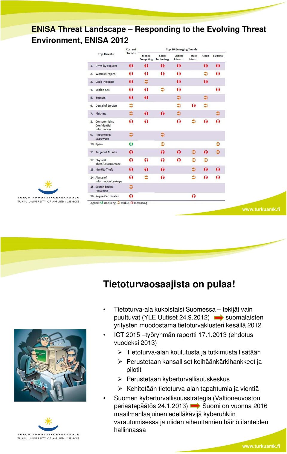 1.2013 (ehdotus vuodeksi 2013) Tietoturva-alan koulutusta ja tutkimusta lisätään Perustetaan kansalliset keihäänkärkihankkeet ja pilotit Perustetaan kyberturvallisuuskeskus