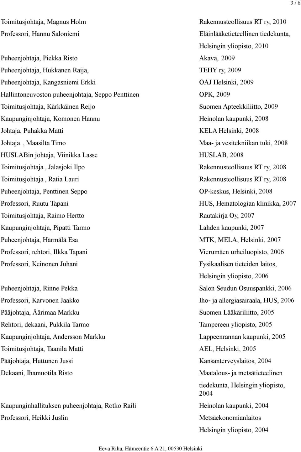 Apteekkiliitto, 2009 Kaupunginjohtaja, Komonen Hannu Heinolan kaupunki, 2008 Johtaja, Puhakka Matti KELA Helsinki, 2008 Johtaja, Maasilta Timo Maa- ja vesitekniikan tuki, 2008 HUSLABin johtaja,