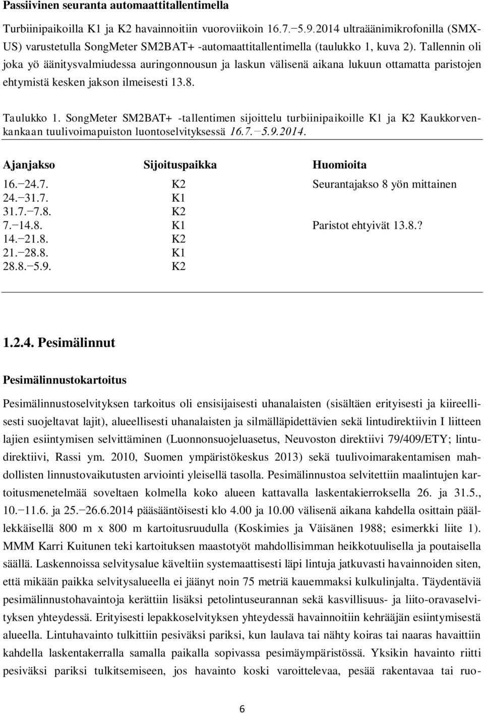 Tallennin oli joka yö äänitysvalmiudessa auringonnousun ja laskun välisenä aikana lukuun ottamatta paristojen ehtymistä kesken jakson ilmeisesti 13.8. Taulukko 1.