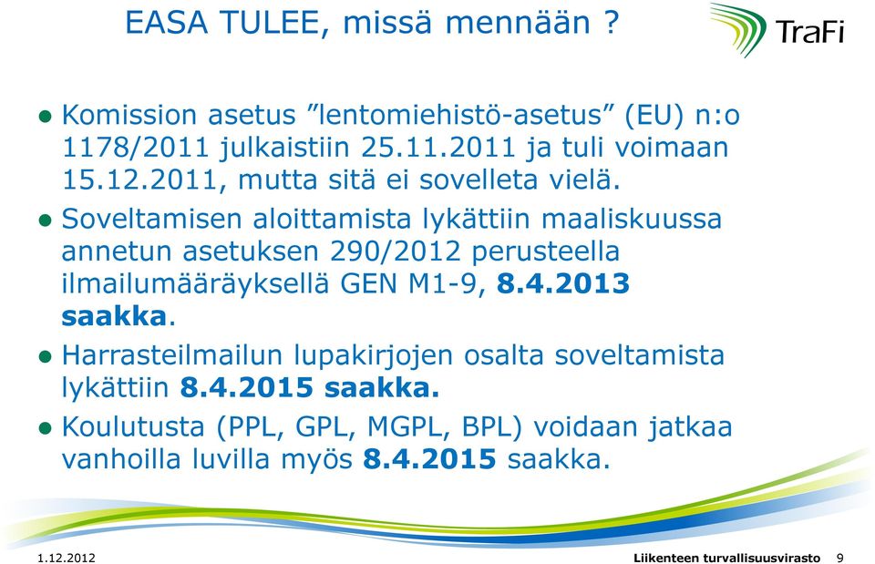 Soveltamisen aloittamista lykättiin maaliskuussa annetun asetuksen 290/2012 perusteella ilmailumääräyksellä GEN M1-9, 8.4.