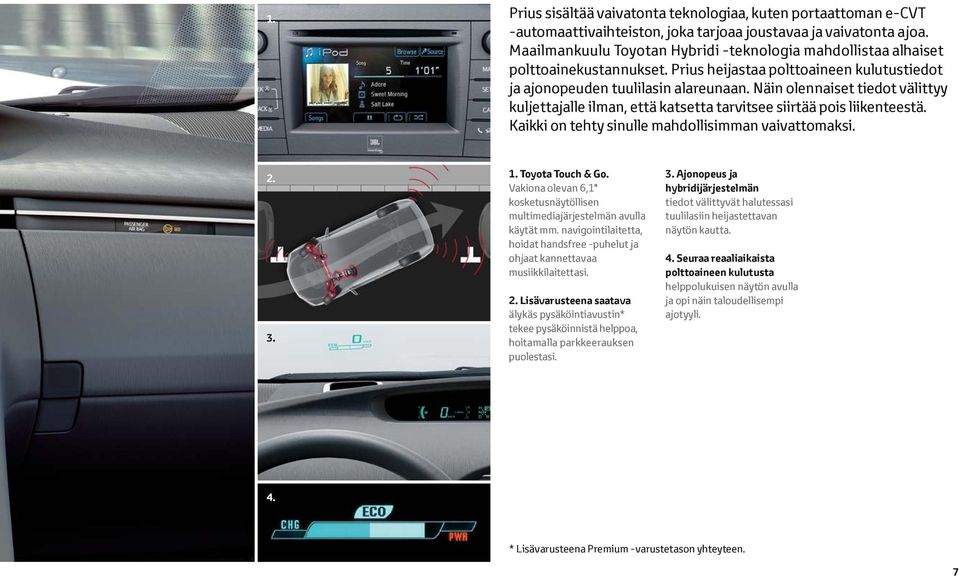 Näin olennaiset tiedot välittyy kuljettajalle ilman, että katsetta tarvitsee siirtää pois liikenteestä. Kaikki on tehty sinulle mahdollisimman vaivattomaksi. 2. 3. 1. Toyota Touch & Go.