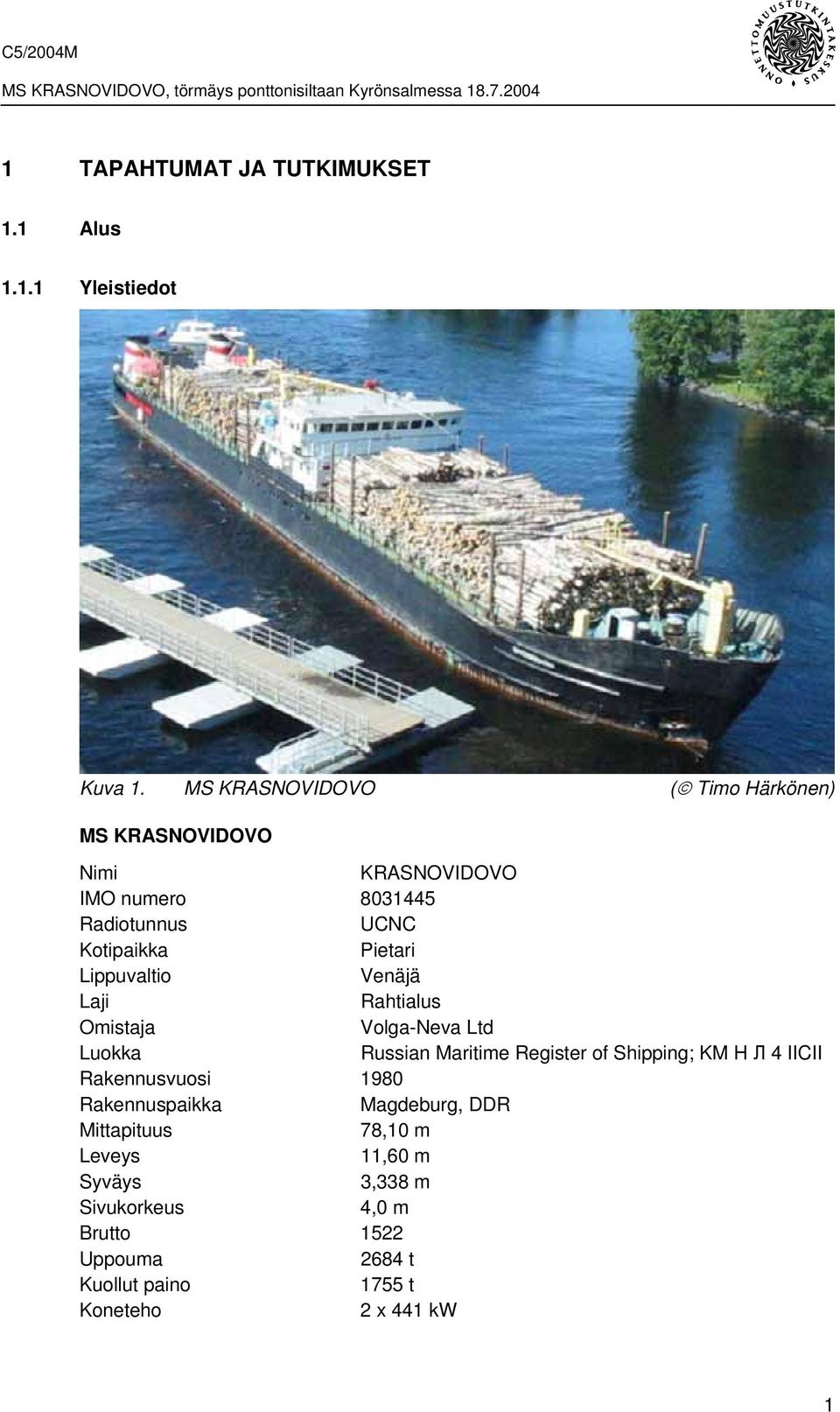 Lippuvaltio Venäjä Laji Rahtialus Omistaja Volga-Neva Ltd Luokka Russian Maritime Register of Shipping; KM H Л 4 IICII