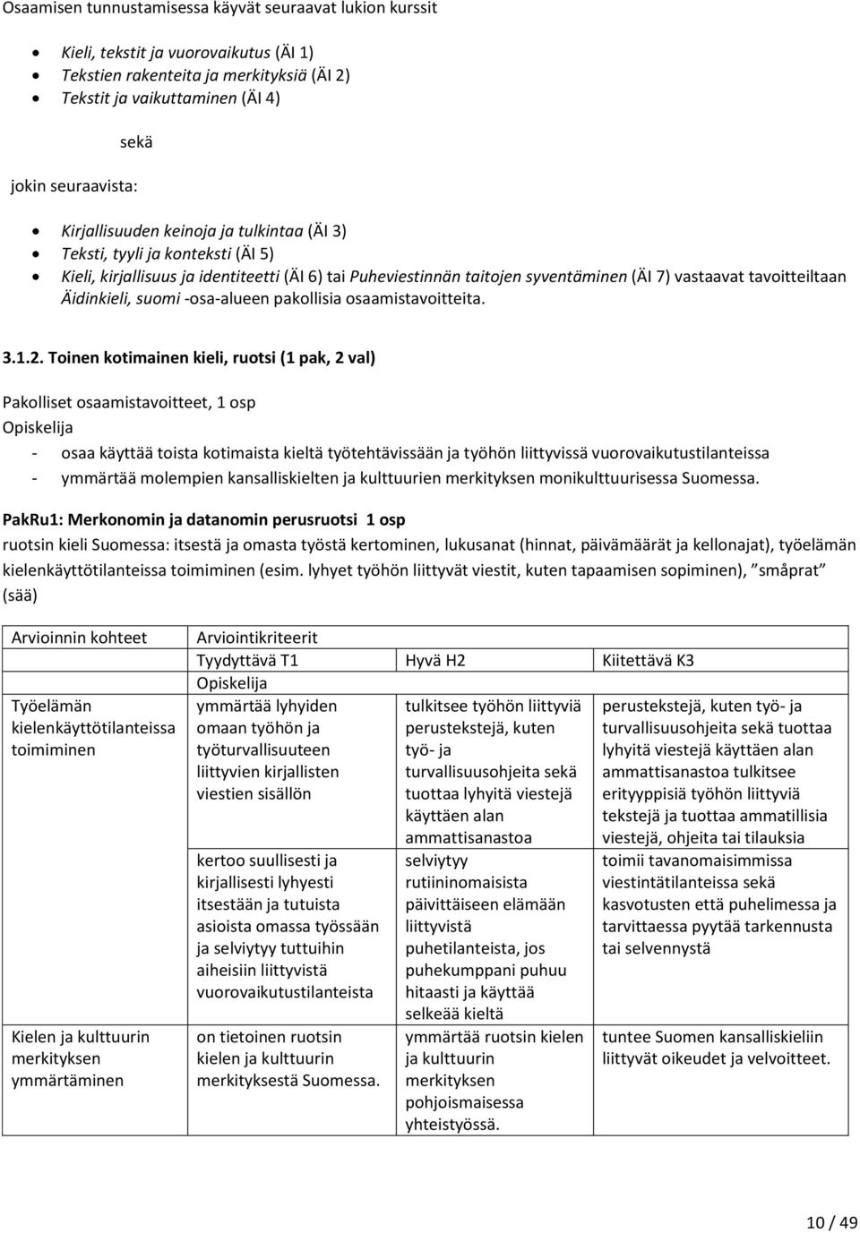 Äidinkieli, suomi -osa-alueen pakollisia osaamistavoitteita. 3.1.2.