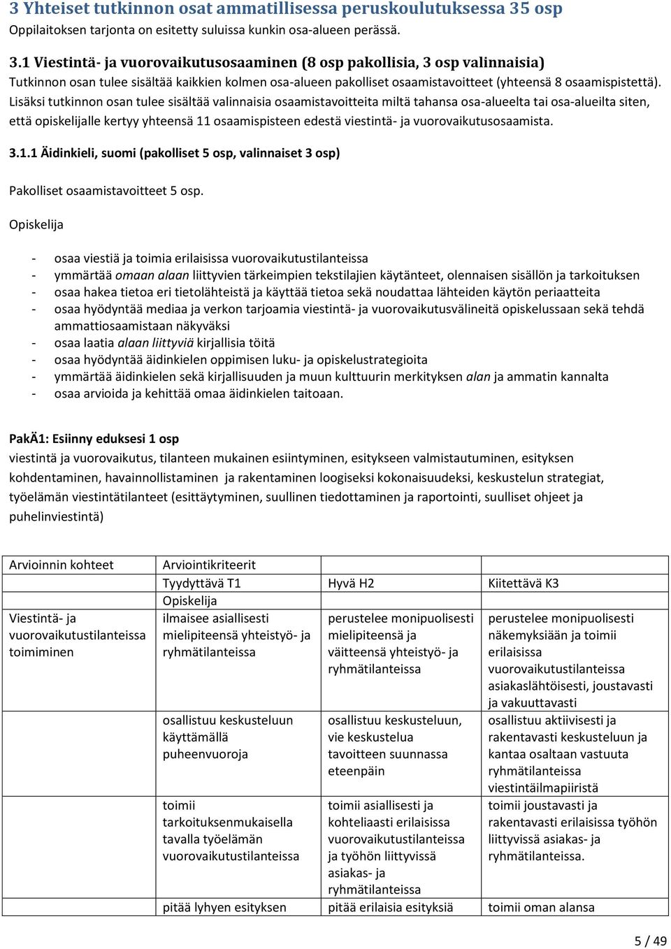 1 Viestintä- ja vuorovaikutusosaaminen (8 osp pakollisia, 3 osp valinnaisia) Tutkinnon osan tulee sisältää kaikkien kolmen osa-alueen pakolliset osaamistavoitteet (yhteensä 8 osaamispistettä).