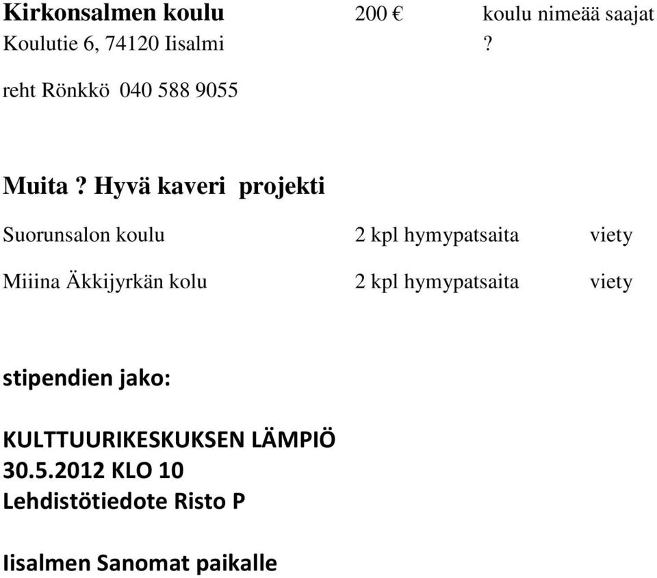 Hyvä kaveri projekti Suorunsalon koulu 2 kpl hymypatsaita viety Miiina