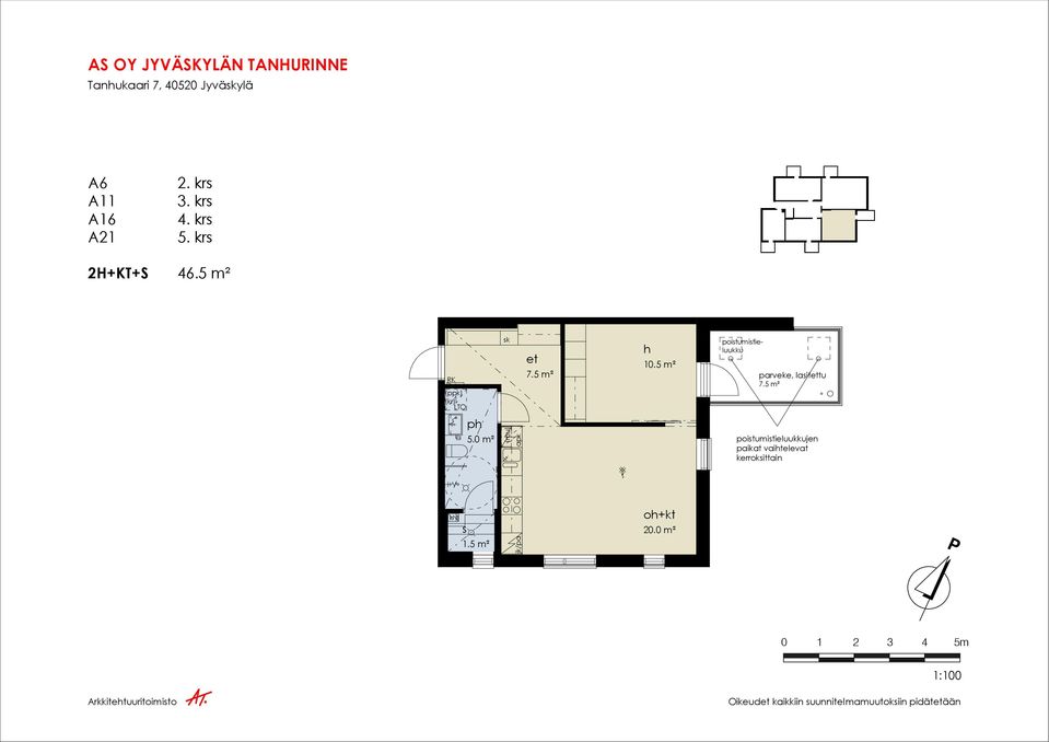 5 m² poistumistieluukku parveke, lasitettu 7.5 m² k ph 5.0 m² s 1.