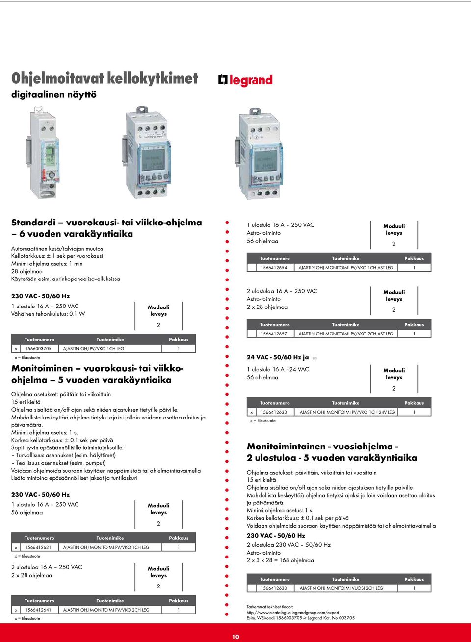 aurinkopaneelisovelluksissa 1 ulostulo 16 A 250 VAC Astro-toiminto 56 ohjelmaa 1566412654 AJASTIN OHJ MONITOIMI PV/VKO 1CH AST LEG 1 2 230 VAC - 50/60 Hz 1 ulostulo 16 A 250 VAC Vähäinen