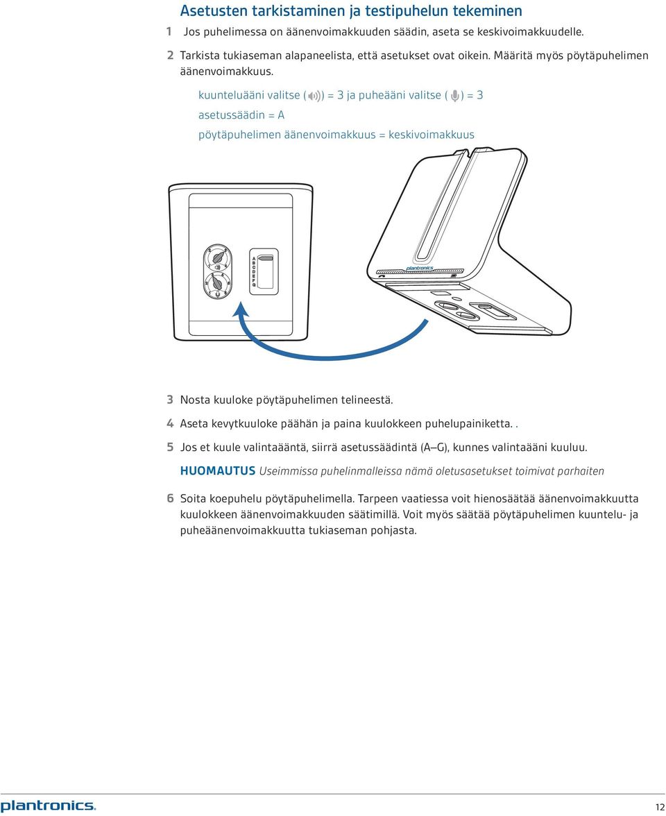 kuunteluääni valitse ( ) = 3 ja puheääni valitse ( ) = 3 asetussäädin = A pöytäpuhelimen äänenvoimakkuus = keskivoimakkuus 3 Nosta kuuloke pöytäpuhelimen telineestä.