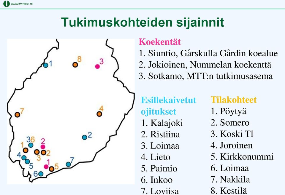 Sotkamo, MTT:n tutkimusasema Esillekaivetut ojitukset 1. Kalajoki 2. Ristiina 3.