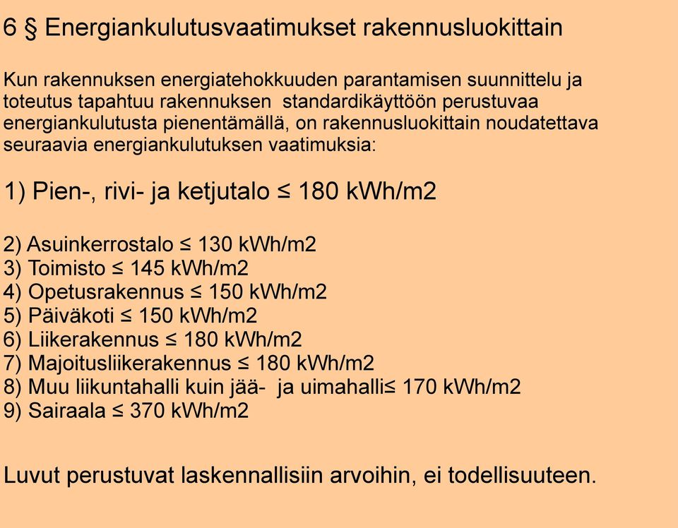 ketjutalo 180 kwh/m2 2) Asuinkerrostalo 130 kwh/m2 3) Toimisto 145 kwh/m2 4) Opetusrakennus 150 kwh/m2 5) Päiväkoti 150 kwh/m2 6) Liikerakennus 180 kwh/m2 7)