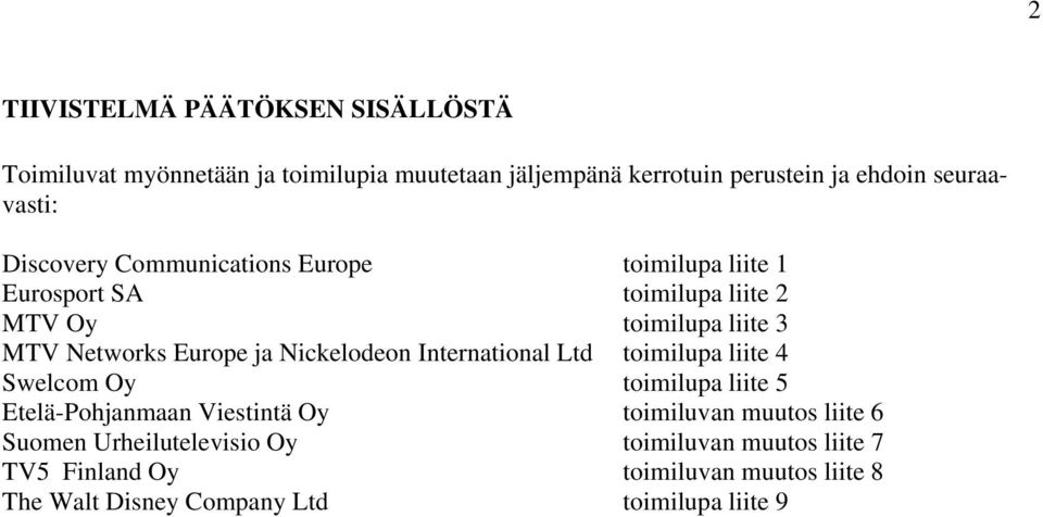 Europe ja Nickelodeon International Ltd toimilupa liite 4 Swelcom Oy toimilupa liite 5 Etelä-Pohjanmaan Viestintä Oy toimiluvan