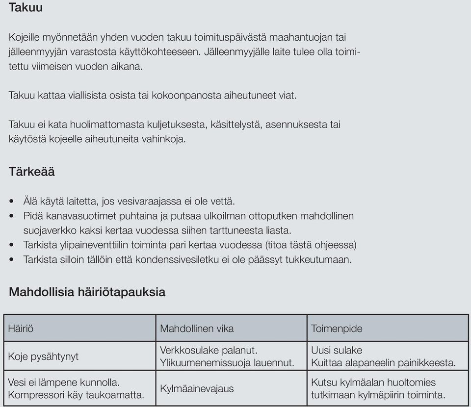 Takuu ei kata huolimattomasta kuljetuksesta, käsittelystä, asennuksesta tai käytöstä kojeelle aiheutuneita vahinkoja. Tärkeää Älä käytä laitetta, jos vesivaraajassa ei ole vettä.