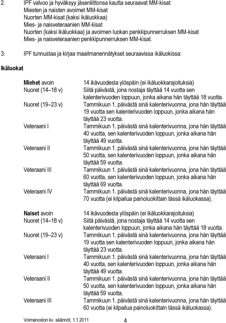 IPF tunnustaa ja kirjaa maailmanennätykset seuraavissa ikäluokissa: Ikäluokat Miehet avoin Nuoret (14 18 v) Nuoret (19 23 v) Veteraani I Veteraani II Veteraani III Veteraani IV Naiset avoin Nuoret